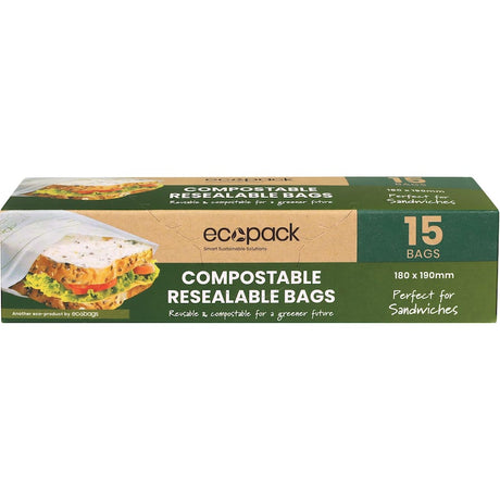 Ecopack compostable resealable sandwich bags, perfect for eco-friendly food storage and composting. Pack of 15, size 180mm x 190mm.