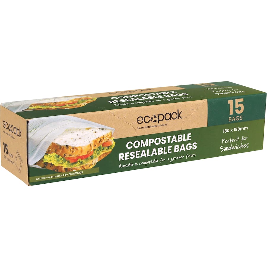 Ecopack Compostable Sandwich Bags, 15 resealable eco-friendly bags for food storage and composting, 180mm x 190mm in size.