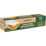 Ecopack Compostable Sandwich Bags, 15 resealable eco-friendly bags for food storage and composting, 180mm x 190mm in size.