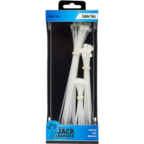 Versatile Jack Hammer Cable Ties in multiple sizes, strong nylon design for secure bundling and organization.