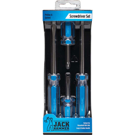 4-piece Jack Hammer Screwdriver Set featuring ergonomic grips, durable steel, magnetic tips, and flat/Phillips heads for versatile use.