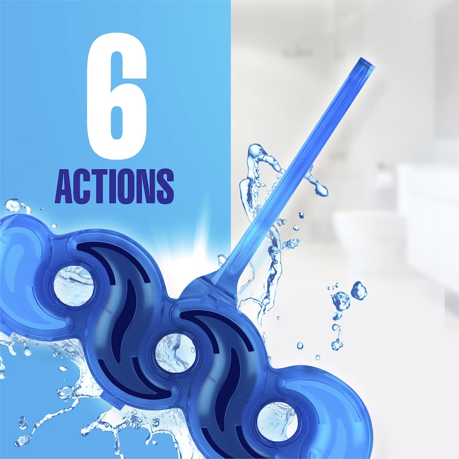 Harpic Blue Power toilet cleaner blocks in Atlantic Burst scent, ensuring cleanliness and freshness with each flush.