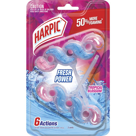 Harpic Fresh Power Toilet Flush in Tropical Blossom, a dual pack cleaner block for a fragrant and hygienic toilet experience.