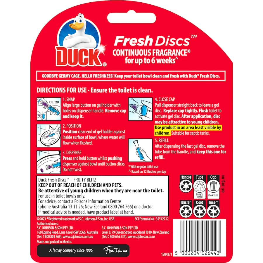Limited edition Duck Fresh Toilet Discs in Fruity Blitz fragrance for a clean, fresh toilet without germ-laden cages.