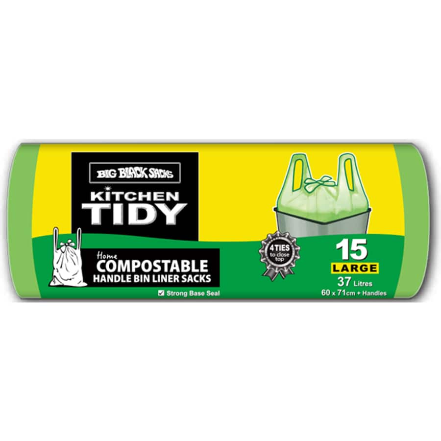 Big Black Sacks Kitchen Tidy Bags: 37L compostable bags with tie-tops for eco-friendly waste management, 30-pack.
