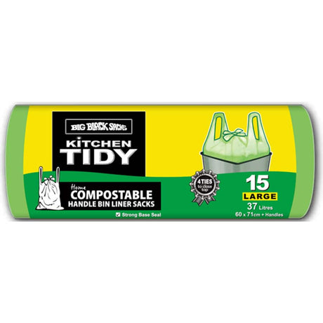 Big Black Sacks Kitchen Tidy Bags: 37L compostable bags with tie-tops for eco-friendly waste management, 30-pack.