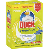 Duck Fresh Discs Toilet Flush Lime 36g: gel toilet fresheners that stick inside, prevent stains, and release refreshing lime scent.