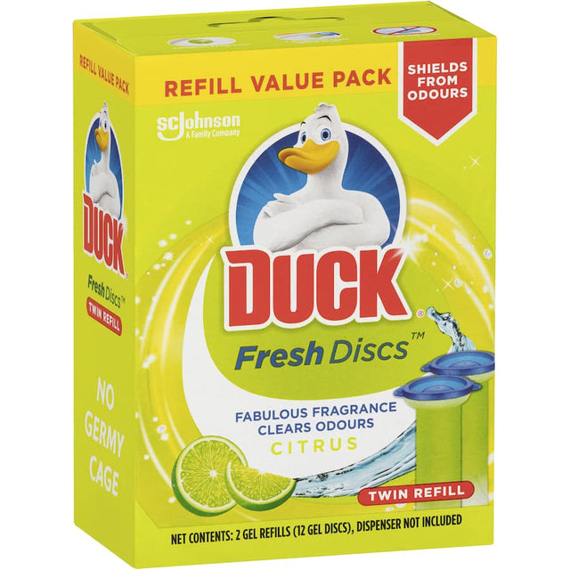 Duck Fresh Discs Toilet Flush Lime 36g: gel toilet fresheners that stick inside, prevent stains, and release refreshing lime scent.