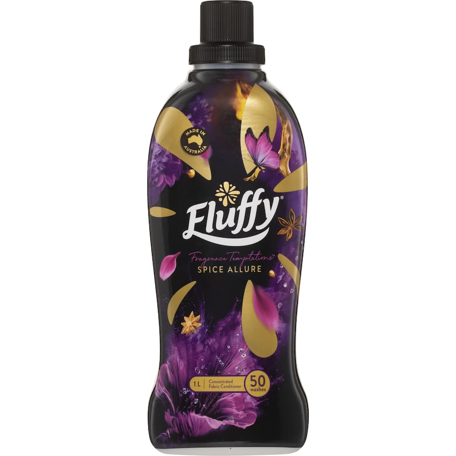 Fluffy Concentrate Fabric Softener in Spice Allure for soft, fragrant laundry; compatible with all washing machines.