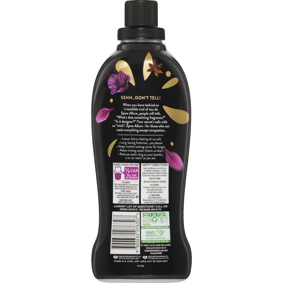 Fluffy Concentrate Fabric Softener with Spice Allure scent, softens fabrics, reduces wrinkles, and is eco-friendly in a recyclable bottle.