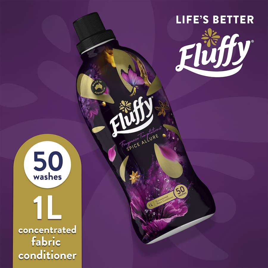 Fluffy Concentrate Fabric Softener in Spice Allure provides luxurious softness and captivating fragrance for your laundry.
