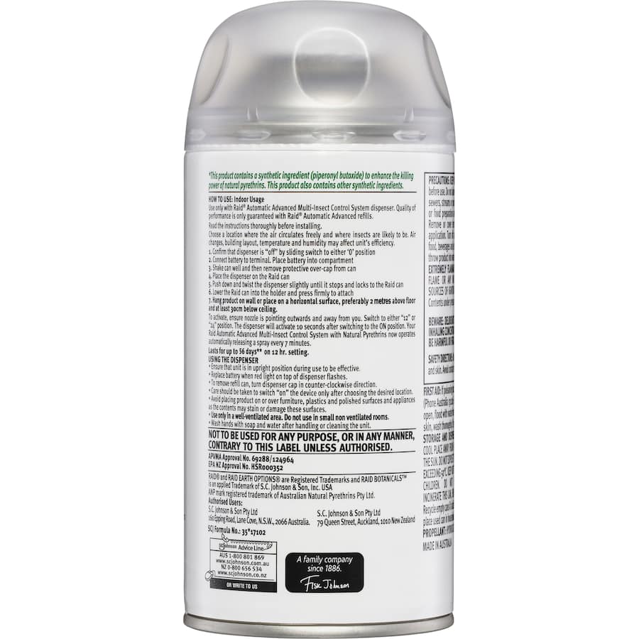 Eco-friendly Raid Auto Advanced Insect Control Indoor Refill for 185g & 305g systems with natural pyrethrins and micromist technology.
