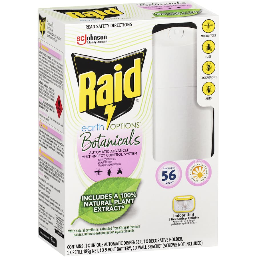 Raid Earth Options Botanicals insect control system featuring natural pyrethrins and advanced micromist technology for indoor protection.