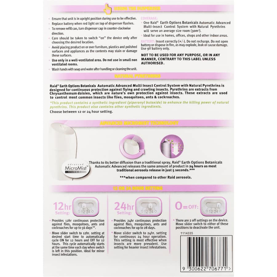 Eco-friendly Raid Earth Options Botanicals insect control system for indoor use, offering long-lasting protection against common pests.