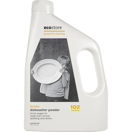 Ecostore Dishwasher Powder Lemon in a recyclable bottle, offers eco-friendly, powerful cleaning with a fresh lemon scent.