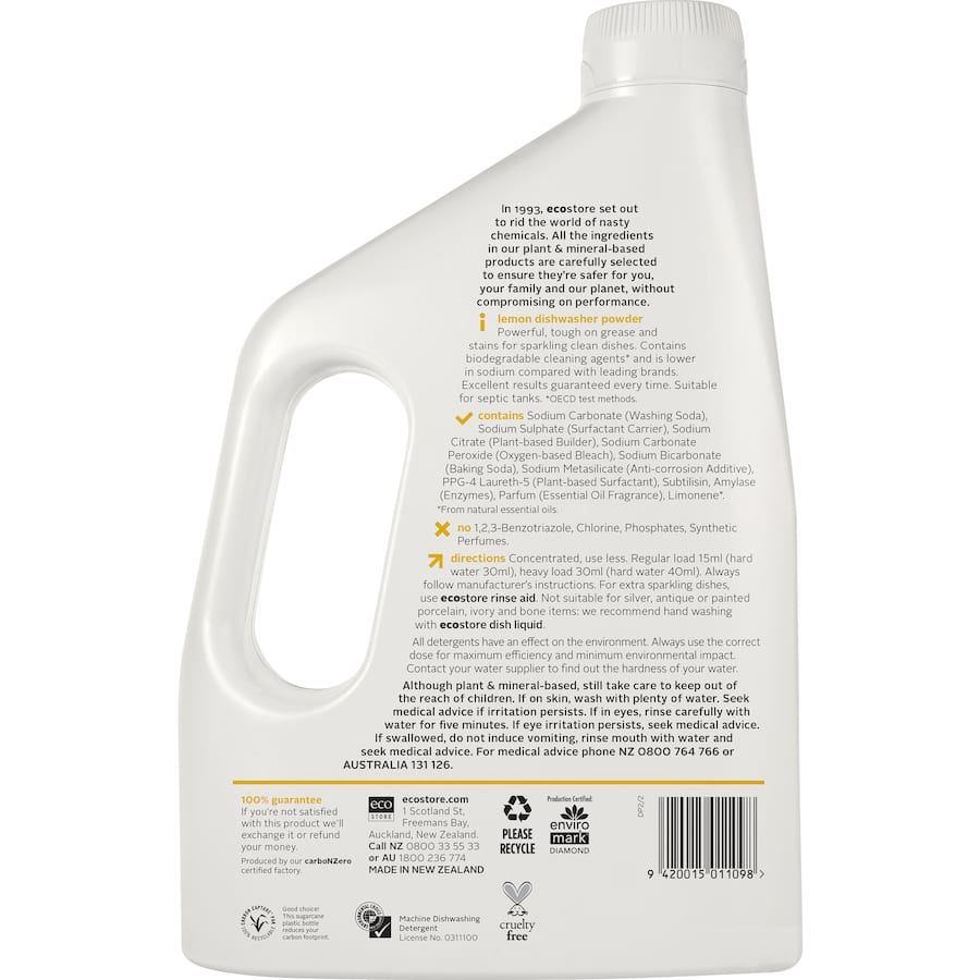 Eco-friendly Ecostore Dishwasher Powder Lemon in a recyclable bottle, offers powerful cleaning with a refreshing lemon scent.