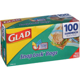 Glad Snaplock Plastic Bags Sandwich with double lock seal for fresh food storage, microwave and freezer safe, ideal for lunches.