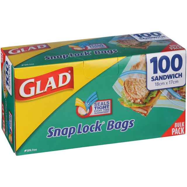Glad Snaplock Plastic Bags Sandwich with double lock seal for fresh food storage, microwave and freezer safe, ideal for lunches.