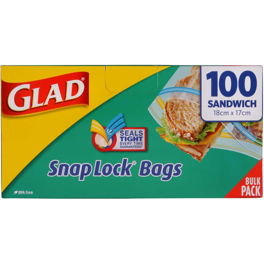 Glad Snaplock Plastic Bags for sandwiches, featuring a double lock seal, BPA-free, and ideal for fresh food storage on-the-go.