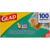 Glad Snaplock Plastic Bags for sandwiches, featuring a double lock seal, BPA-free, and ideal for fresh food storage on-the-go.
