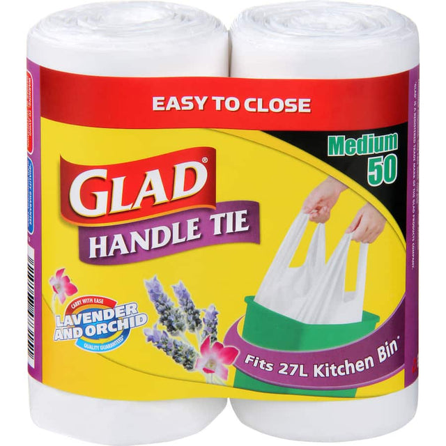 Lavender-scented kitchen bags with handle ties for easy disposal, sized for 27-liter bins, tear and leak-resistant.