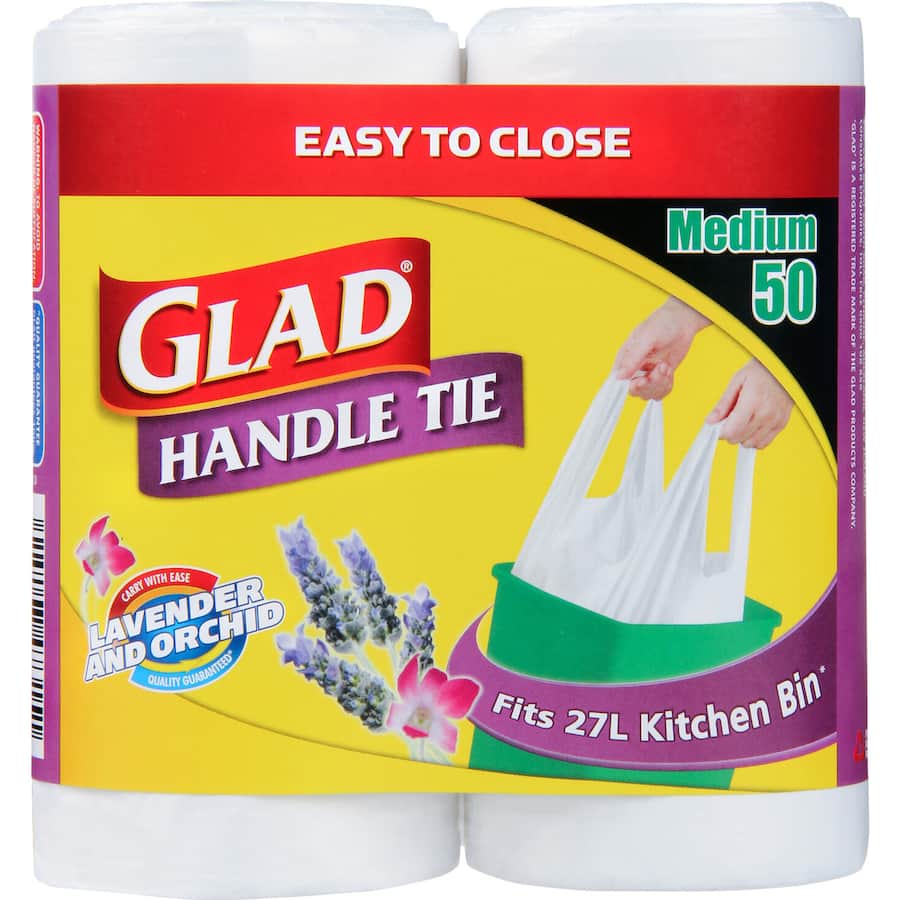 Lavender-scented Glad Kitchen Tidy Bags with handle ties, ideal for 27-liter bins, ensuring strength and odor control.