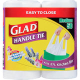 Lavender-scented Glad Kitchen Tidy Bags with handle ties, ideal for 27-liter bins, ensuring strength and odor control.