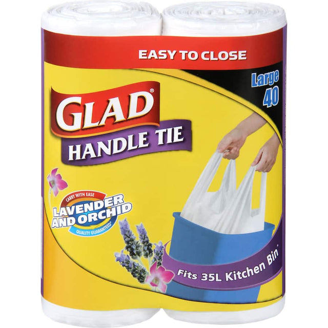 Glad Kitchen Tidy Bags in lavender scent with handle ties, designed for 35L bins, ensuring strength and freshness in waste disposal.