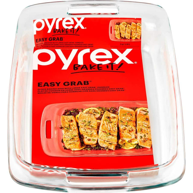 Pyrex Easy Grab Oblong Baking Dish, 33x22.5x5cm, durable glass for baking, serving, and storing; oven, microwave, dishwasher safe.