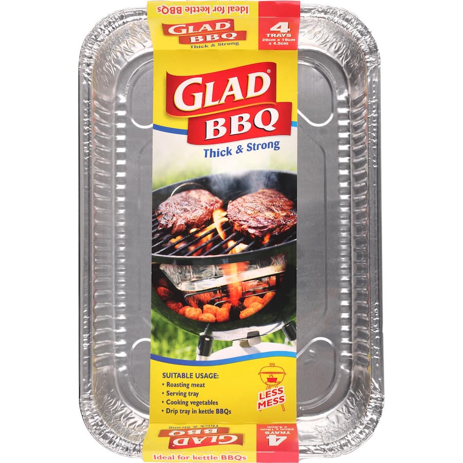 Glad BBQ Foil Tray 28 x 18 x 5cm, designed for hassle-free grilling with leak-proof durability and even heat distribution.