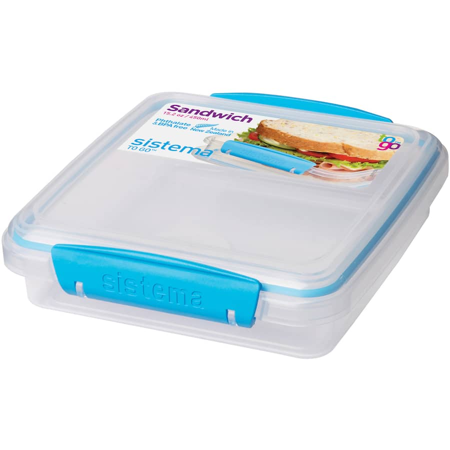 Vibrant assorted colour Sandwich Box To Go with easy-lock clips for fresh, on-the-go meals; microwave and dishwasher safe.