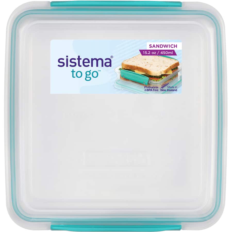 Assorted colours Sandwich Box To Go, featuring easy-lock clips for freshness and stackable, microwave-safe design.