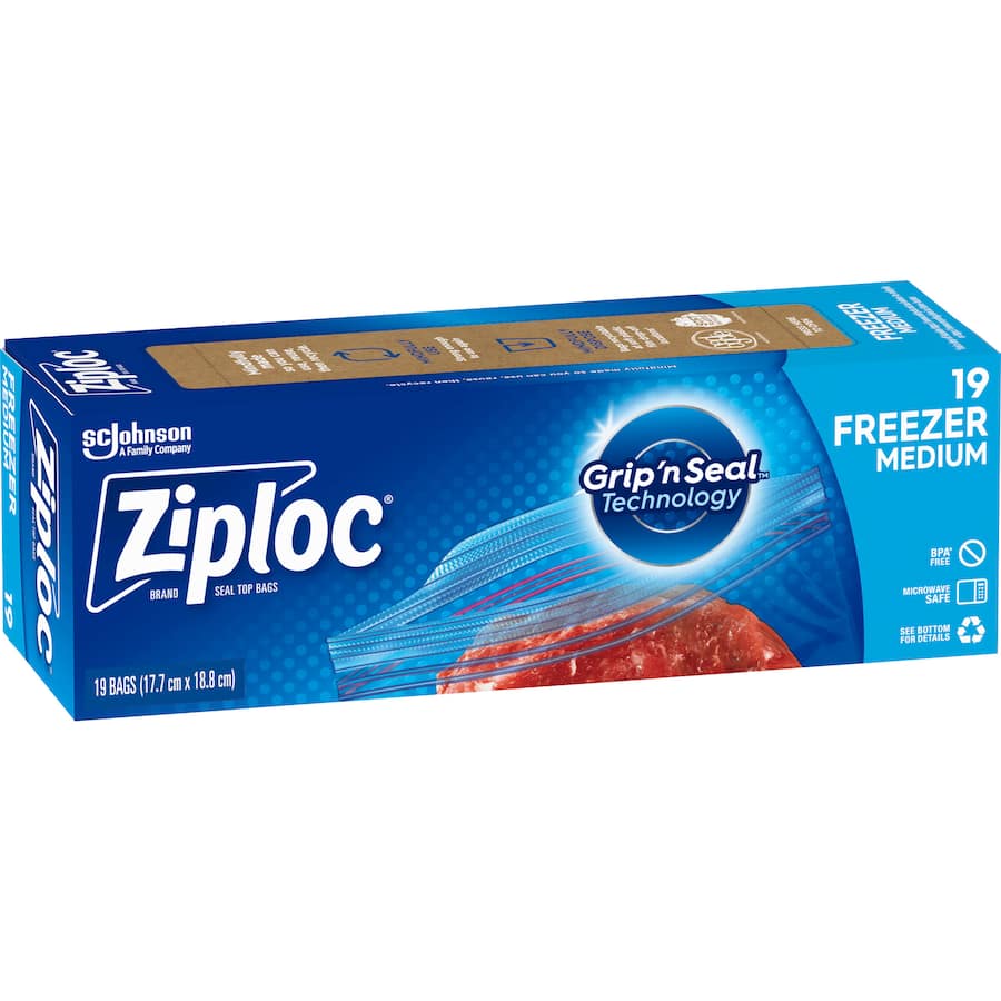 Ziploc Freezer Bags Medium with easy open tabs and Smart Zip Plus seal for secure, fresh food storage.