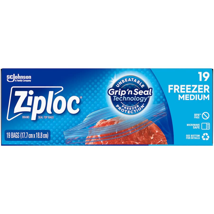 Ziploc Freezer Bags Medium with easy open tabs and Smart Zip seal, ideal for preventing freezer burn on meats and veggies.