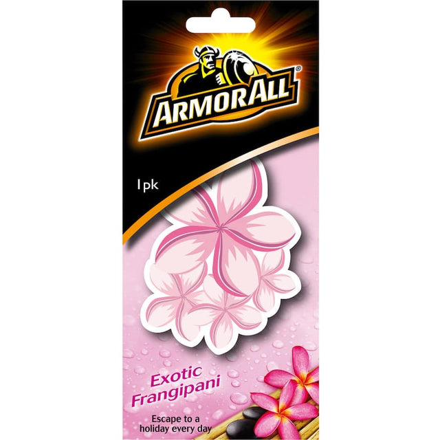 Armor All Car Freshener in Exotic Frangipani, offering long-lasting tropical scent that eliminates odors and enhances driving experience.