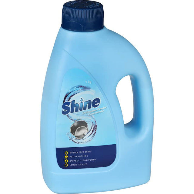 Shine Dishwasher Powder Concentrate 1kg for streak-free shine, grease-cutting power, and fresh lemon scent.