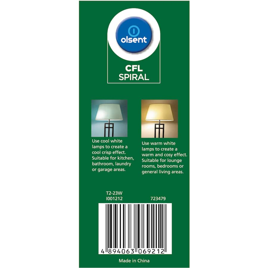 Olsent Bayonet CFL Spiral Light Bulb 23W providing cool white light, energy-efficient with long lifespan for versatile use.