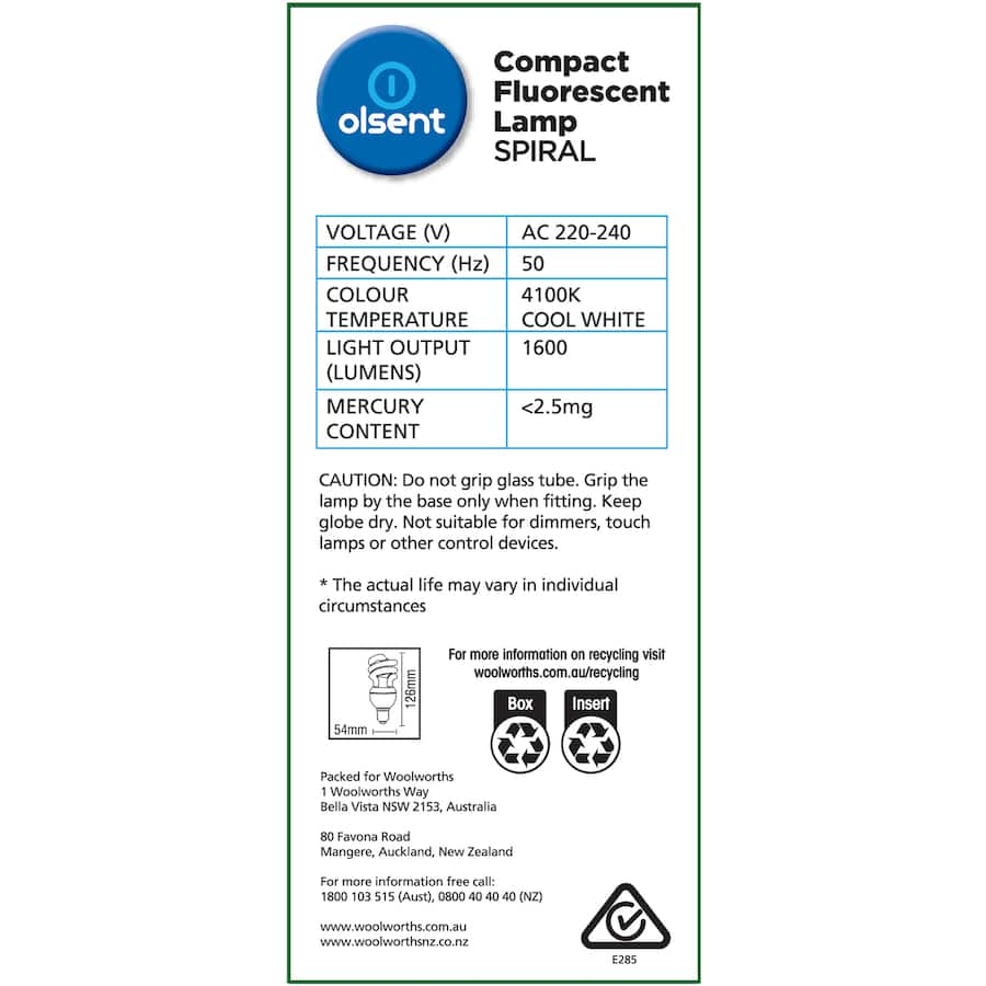 Olsent Bayonet CFL Spiral 23W bulb emitting cool white light, energy-efficient with a lifespan of 10,000 hours.