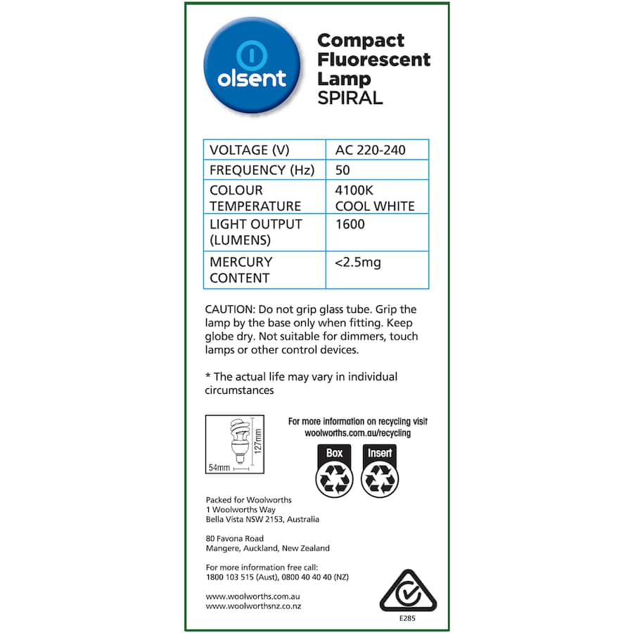 Olsent 23W CFL spiral light bulb with E27 base, providing bright cool white light and energy efficiency for various spaces.