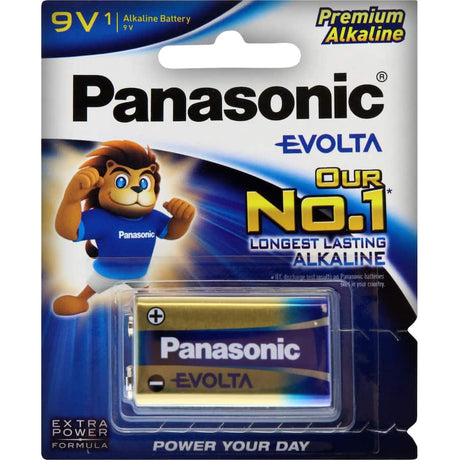 Panasonic Evolta 9V Battery - reliable power for high and low drain devices like cameras, toys, drones, and game controllers.