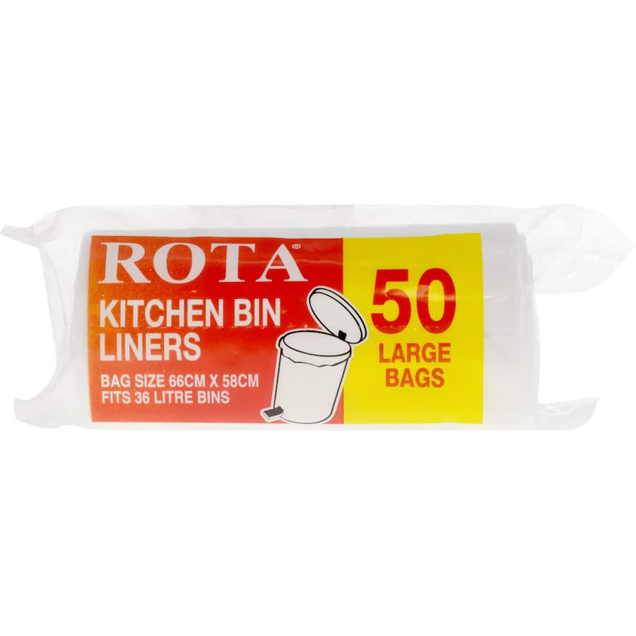Durable 36L Rota Tuff Stuff kitchen tidy bags, 66cm x 58cm, 50 perforated liners for easy waste management.