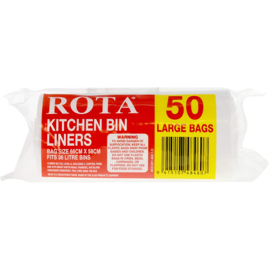 Large, durable 36L Rota Tuff Stuff kitchen tidy bags on a perforated roll, perfect for waste management and recycling.