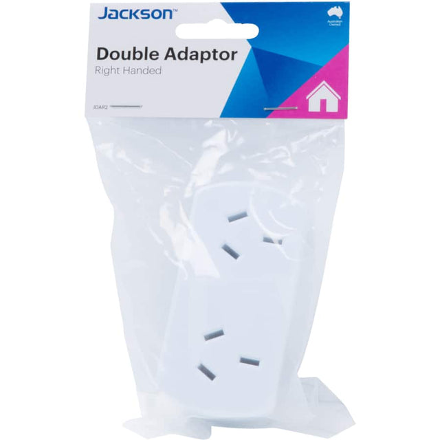 Jackson Double Adaptor Right: converts one power point to two outlets, ideal for efficient device charging and connectivity.