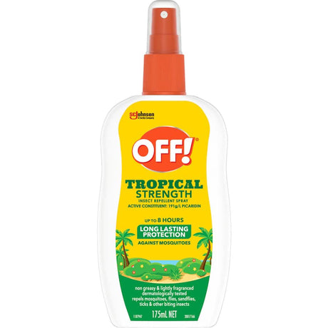 Off! Insect Repellent Tropical spray in a 175ml bottle offers 8-hour protection against mosquitoes and biting insects.