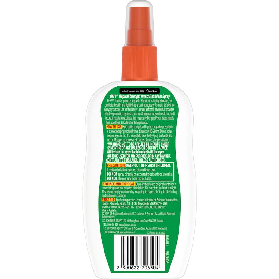 Off! Insect Repellent Tropical spray bottle, provides up to 8 hours of mosquito protection with a non-greasy formula for family use.