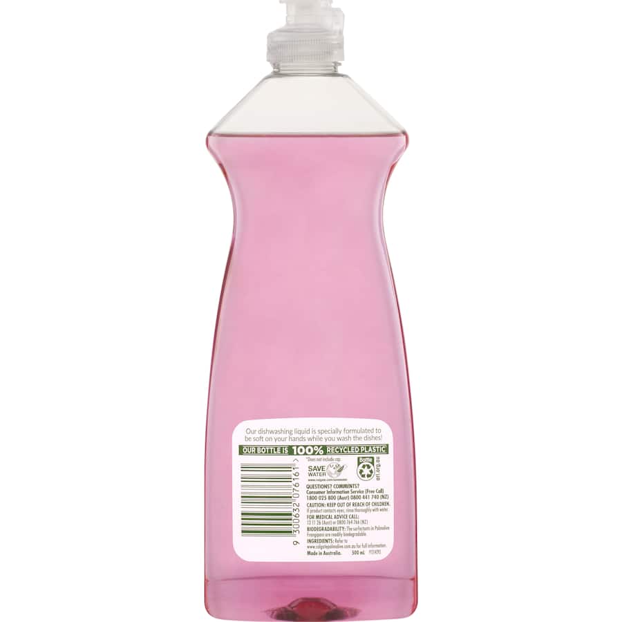 Palmolive Dishwash Liquid Frangipani in a recycled bottle, tough on grease, gentle on hands, with a refreshing fragrance.