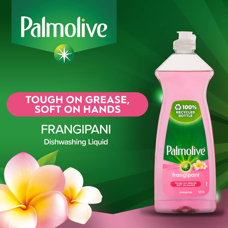 Palmolive Dishwash Liquid Frangipani in a recycled bottle, tough on grease, soft on hands, with a refreshing frangipani scent.
