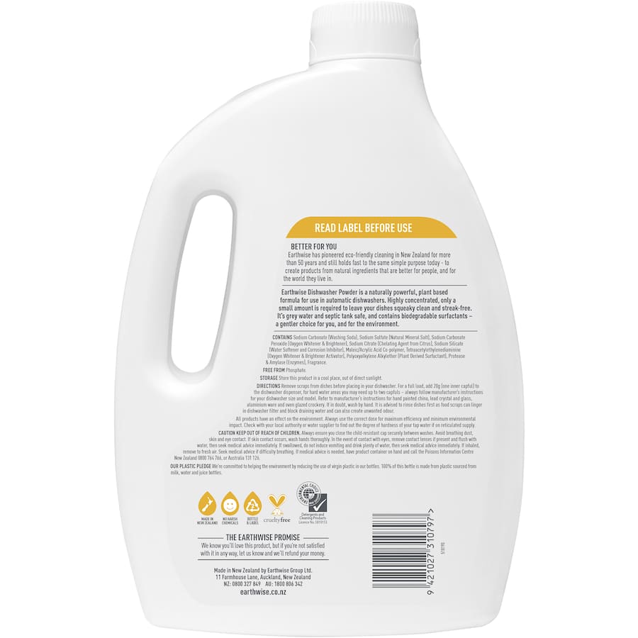 Eco-friendly Earthwise Dishwasher Powder in Lemon & Lime fragrance, highly concentrated and biodegradable for effective dish cleaning.