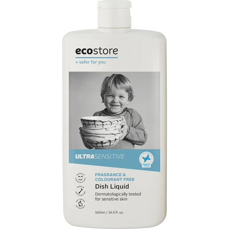 Ecostore Dishwash Liquid Fragrance Free in a renewable sugar plastic bottle, gentle on hands, tough on grease, eco-friendly formula.