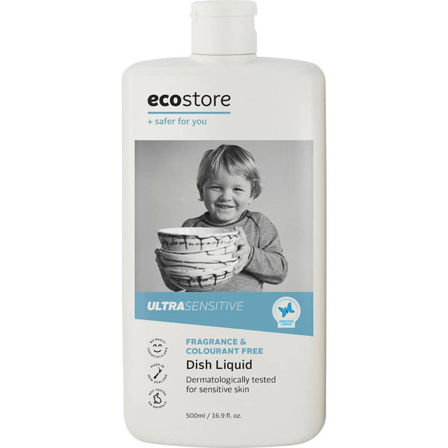 Ecostore Dishwash Liquid Fragrance Free in a renewable sugar plastic bottle, gentle on hands, tough on grease, eco-friendly formula.